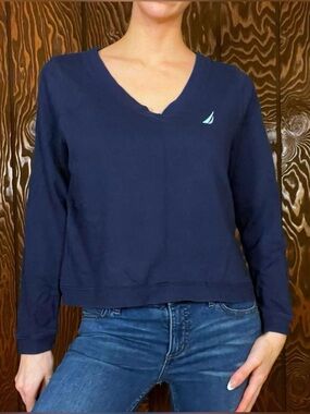 Nautica Women's Navy V-Neck Long-Sleeve Sweatshirt